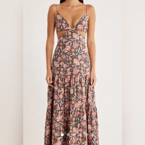 RUMER Women's Sleeveless Cut Out Solandis Frill Maxi, Black Floral, MED